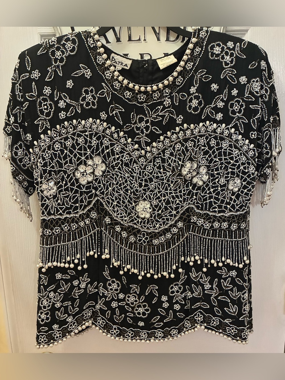 Patra Black Beaded Pearl-Trim Embellished Short Sleeve Top